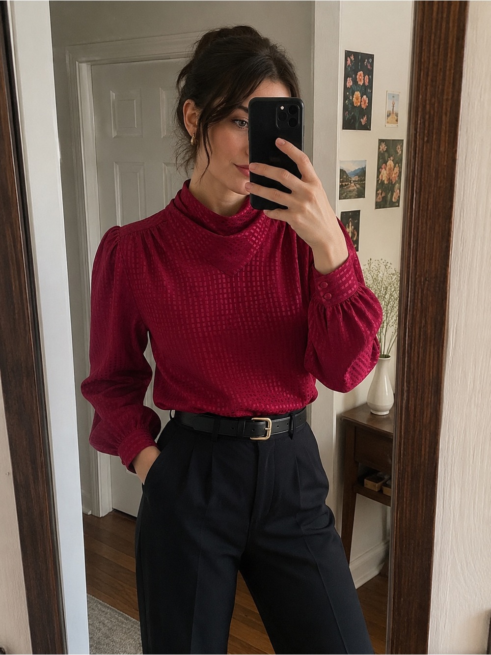 Textured Mock Neck Blouse in Deep Berry